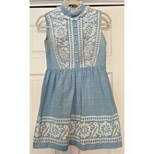 Vintage 1960s ? girl's blue sleeveless dress embroidery birds flowers prop movie